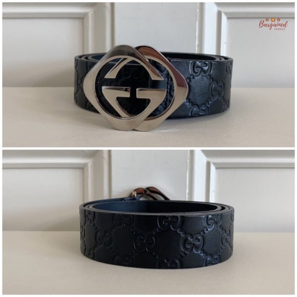 Authentic Gucci Black Monogram Leather Silver Interlocking Square G Belt 100/40 - Picture 3 of 13